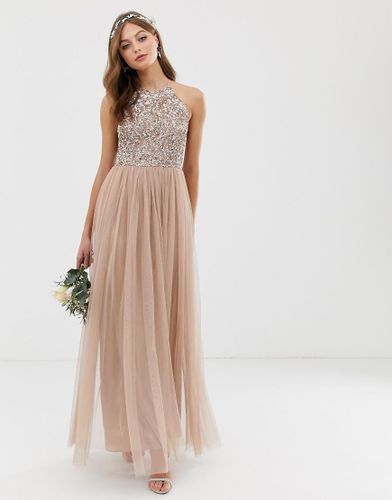 Robe longue en tulle dos nu pour demoiselle d'honneur avec sequins délicats ton sur ton - Blush taupe - Maya - Modalova