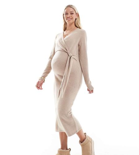 Mamalicious - Robe de grossesse longue en maille avec naud sur l'avant - Beige - Mama.licious - Modalova