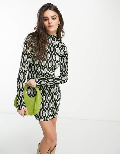 Robe courte imprimée à col montant et manches longues - Noir/vert - Mango - Modalova