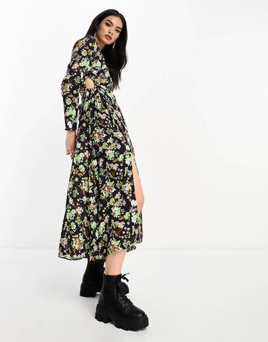 Robe manches longues à découpe goutte d'eau et fente latérale avec imprimé fleuri - Vert et kaki - Mango - Modalova