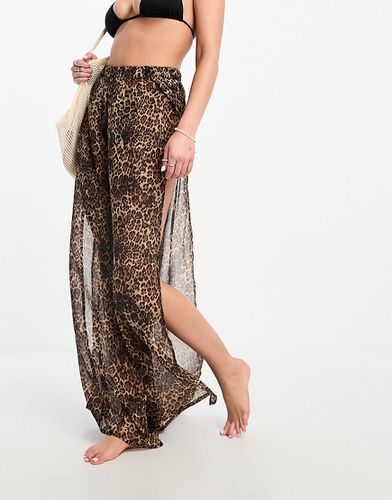 Pantalon de plage large en mousseline à imprimé léopard et fentes latérales - Miss Selfridge - Modalova