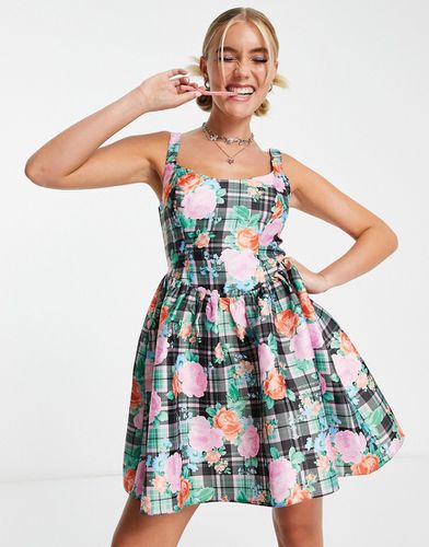 Robe courte en satin avec corset - Carreaux et fleurs - Miss Selfridge - Modalova