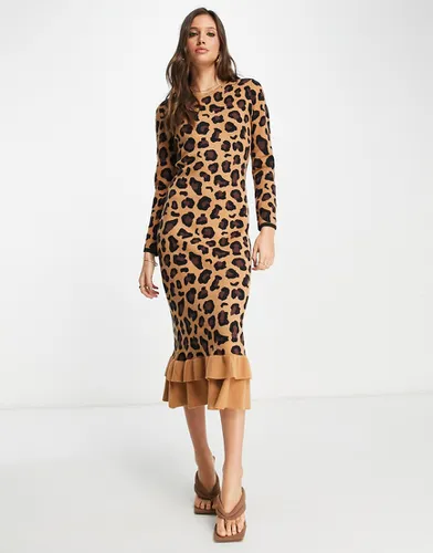 Robe mi-longue en maille à volants - Imprimé léopard - Never Fully Dressed - Modalova