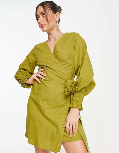 Robe chemise courte à manches ballon - olive - Never Fully Dressed - Modalova