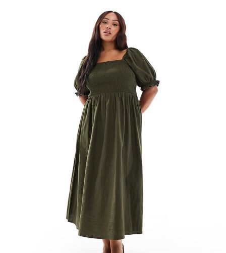 New Look Curve - Robe mi-longue tendance folk  manches bouffantes - Kaki - New Look Plus - Modalova