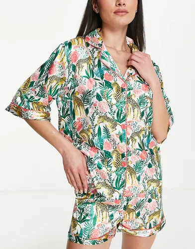 Pyjama avec short en satin avec imprimé roses et léopards - Corail multicolore - Night - Modalova