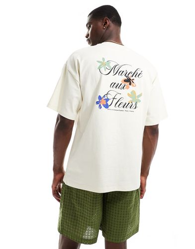 T-shirt oversize épais à imprimé fleurs au dos - Crème - Selected Homme - Modalova