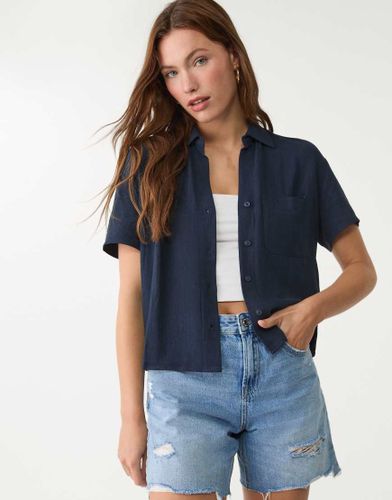 Chemise  manches courtes en lin mlang - Bleu fonc - Stradivarius - Modalova