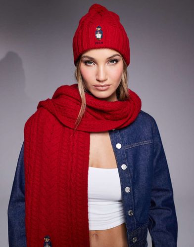 Bonnet en maille torsadée avec pompon et logo ours - Polo Ralph Lauren - Modalova