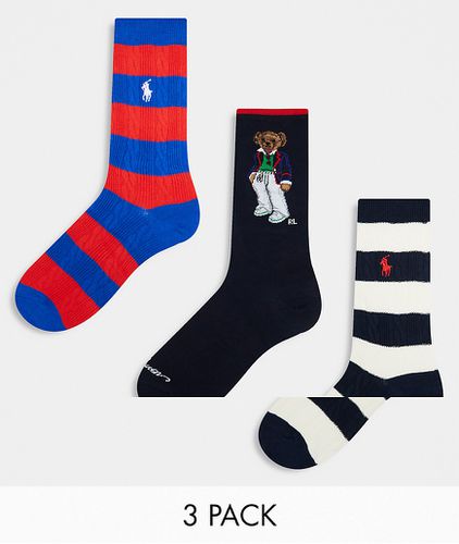 Lot de 3 paires de chaussettes motif ours, rayures rouges/ et rayures /crème - Polo Ralph Lauren - Modalova