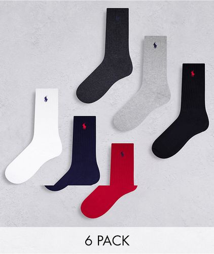 Lot de 6 paires de chaussettes de sport à logo poney - Noir, rouge, bleu marine, gris, blanc - Polo Ralph Lauren - Modalova