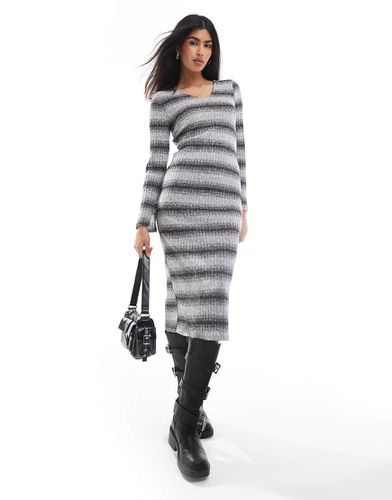 Robe longue en maille rayée avec col V et manches longues - Gris multicolore - Pieces - Modalova