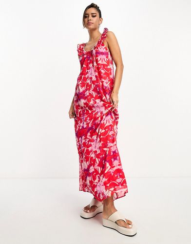 Robe mi-longue nouée dans le dos avec bretelles à volants - Rose à fleurs - River Island - Modalova