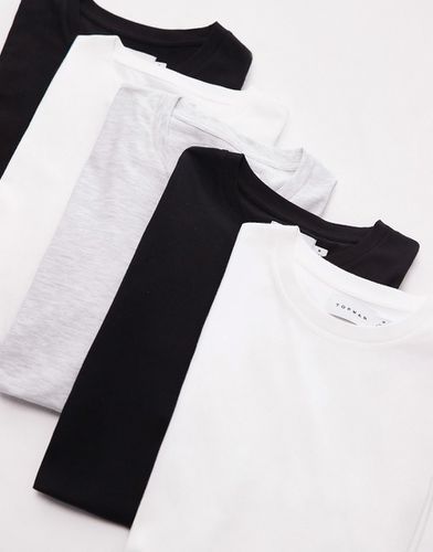 Lot de 5 t-shirts classiques - Noir, blanc et gris polaire chiné - Topman - Modalova
