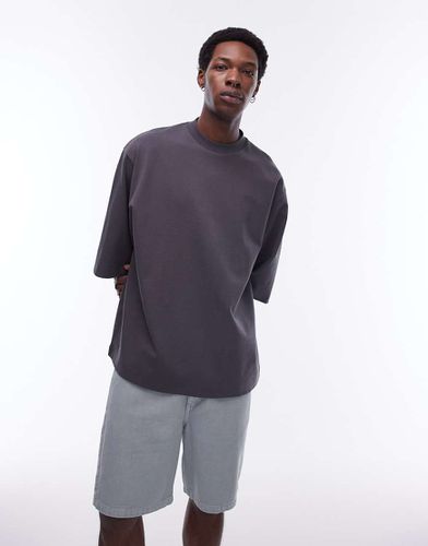 T-shirt oversize en tissu épais 300 g/m² de qualité supérieure à manches mi-longues - Anthracite - Topman - Modalova