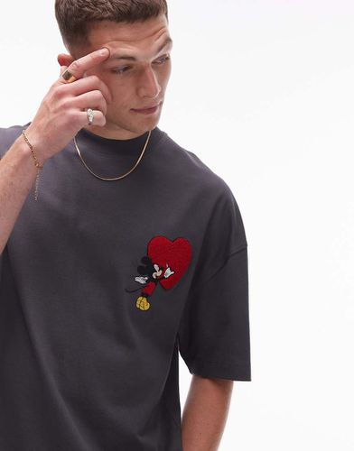 X Disney - T-shirt ultra oversize de qualité supérieure avec broderie Mickey et caur - Anthracite - Topman - Modalova