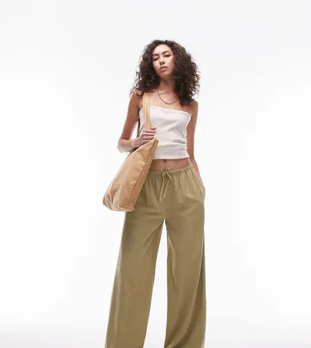 Pantalon en lin avec liens à la taille - Kaki - Topshop Tall - Modalova