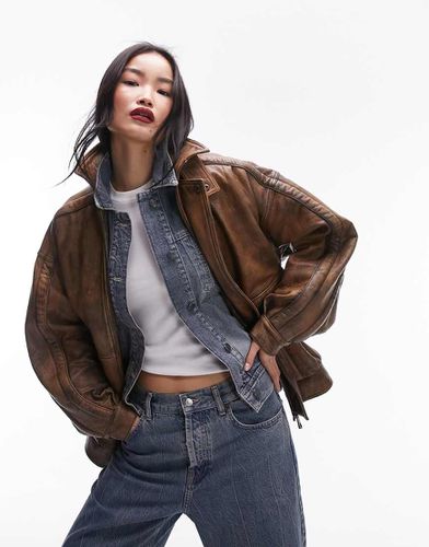 Bomber oversize en cuir véritable de qualité supérieure - Fauve - Topshop - Modalova