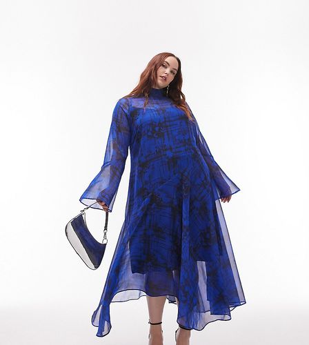 Robe mi-longue asymétrique à fleurs et carreaux avec coutures apparentes et manches évasées - de cobalt - Topshop Curve - Modalova
