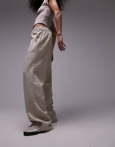 Pantalon droit taille basse en lin avec cordon à la taille - Beige - Topshop - Modalova