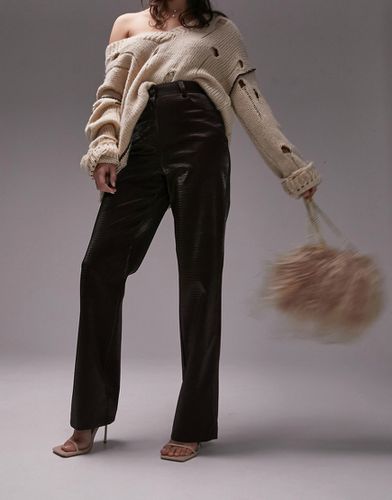Pantalon droit en vinyle et imitation cuir à effet croco - Chocolat - Topshop - Modalova