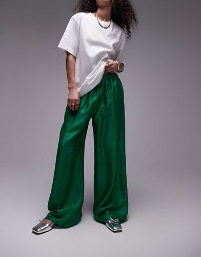 Pantalon droit en satin texturé avec cordon de serrage - Vert - Topshop - Modalova