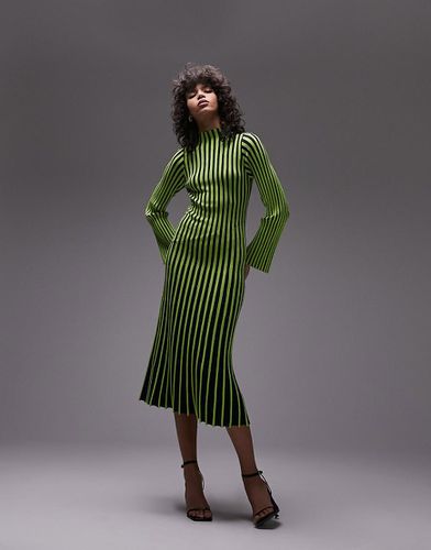 Robe mi-longue en maille rayée à manches longues - Vert citron - Topshop - Modalova