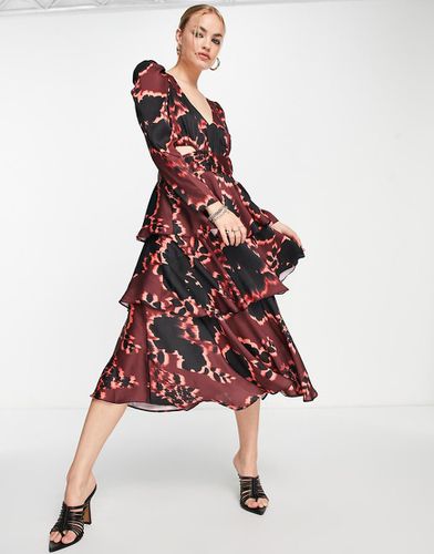 Robe mi-longue habillée à imprimé fleurs avec découpes à la taille et volants - Bordeaux - Topshop - Modalova