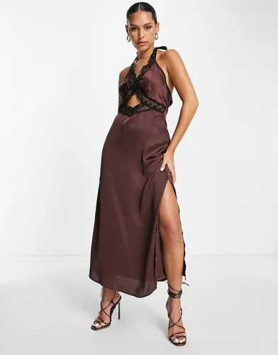 Robe nuisette mi-longue en satin et dentelle avec dos nu - Chocolat - Topshop - Modalova