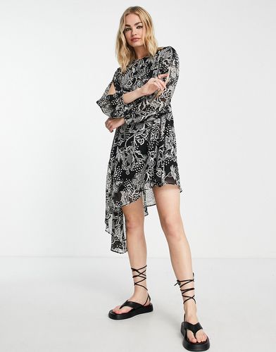 Robe courte asymétrique nouée sur le côté - Imprimé fleuri noir et blanc - Topshop - Modalova