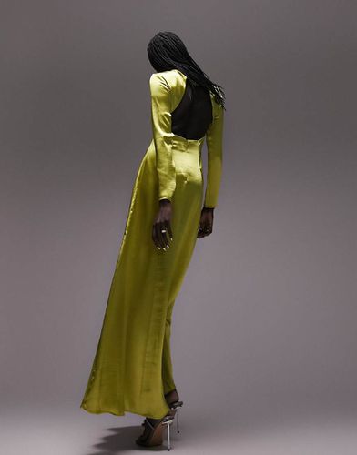 Robe longue de soirée en satin à manches longues et dos nu - Chartreuse - Topshop - Modalova