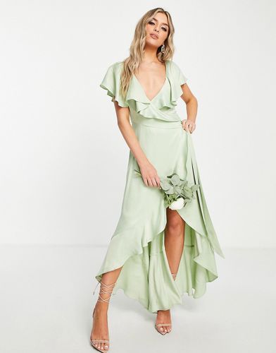 Robe portefeuille de demoiselle d'honneur en satin à volants - Sauge - Topshop - Modalova