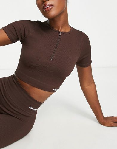 Crop top de sport sans coutures à manches courtes et zip sur le devant - Chocolat foncé - Urban Threads - Modalova