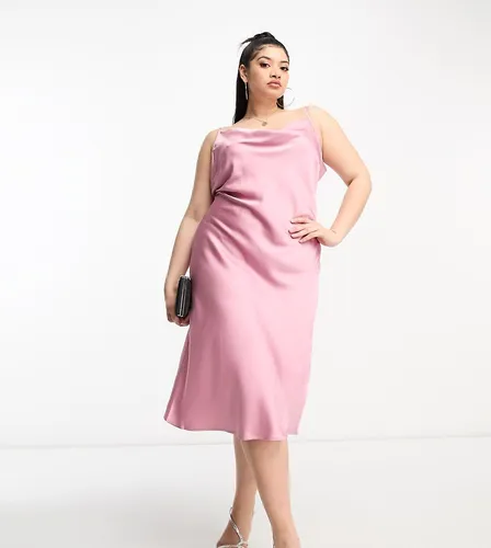 Robe mi-longue en satin avec bretelles fines et lien noué au dos - poudré - Vila Curve - Modalova