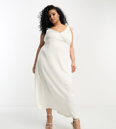 Robe de mariée caraco longue en satin avec bretelles nouées - Crème - Vila Curve - Modalova