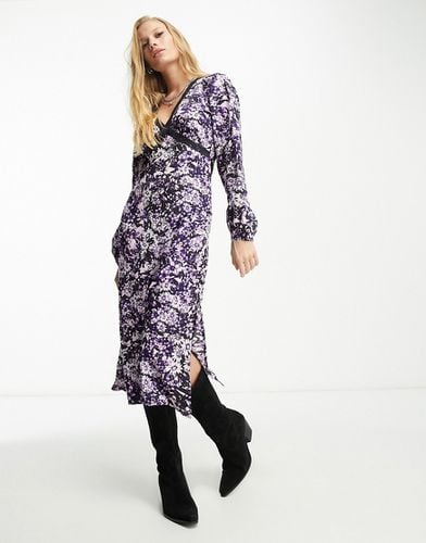 Robe mi-longue col en V à imprimé fleurs avec dentelle contrastante - Violet Romance - Modalova
