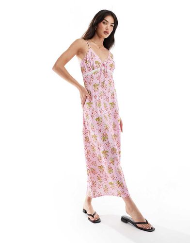 Robe longue style caraco à pois et imprimé fleuri avec détail noué et empiècement en dentelle - Rose - Yas - Modalova