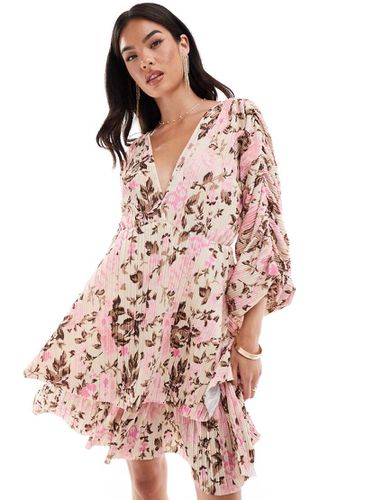 Robe plissée courte à imprimé fleuri avec manches longues à fronces et dos échancré - Rose - Yas - Modalova