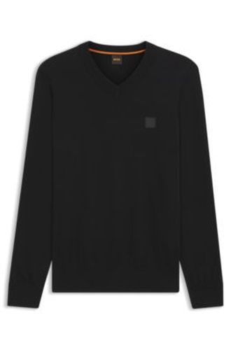 Pull à col V en coton et cachemire avec patch logoté - Boss - Modalova