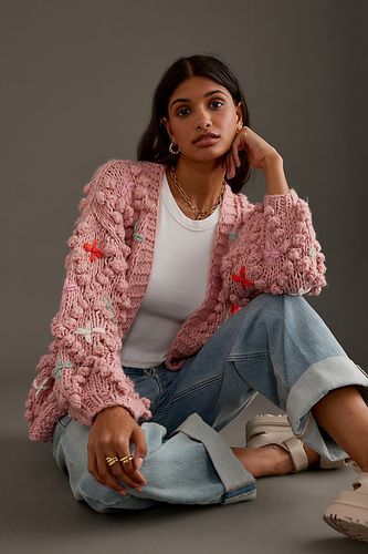 Cardigan en maille épaisse à manches bouffantes en Pink - Par Anthropologie - Modalova