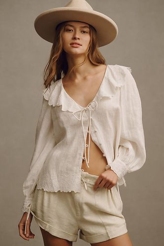 Long-Sleeve Embroidered Linen Tie-Front Top en , taille: M - By Anthropologie - Modalova