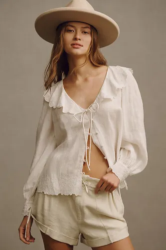 Long-Sleeve Embroidered Linen Tie-Front Top en White, taille: XS - By Anthropologie - Modalova