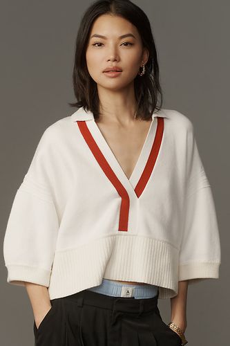 Elbow-Sleeve Compact Collared V-Neck Jumper en White taille: XS chez Anthropologie - Maeve - Modalova