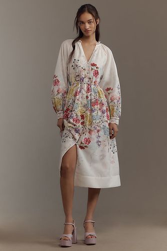 Long-Sleeve V-Neck Floral A-Line Midi Dress en White taille: XS chez Anthropologie - Let Me Be - Modalova