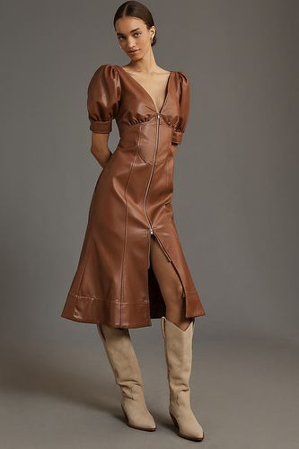 Robe Midi Zippée Devant à Manches Bouffantes en Simili Cuir Par Anthropologie par en Brown taille: Uk 6 - By Anthropologie - Modalova