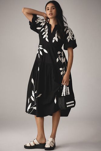 Robe mi-longue à manches courtes avec broderie appliquée en Black taille: S - By Anthropologie - Modalova