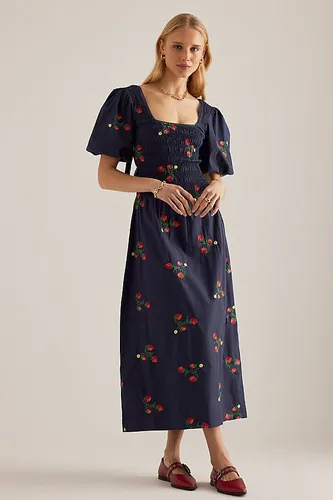 Robe mi-longue Lauren brodée à manches bouffantes en Blue taille: Uk 8 chez Anthropologie - Damson Madder - Modalova