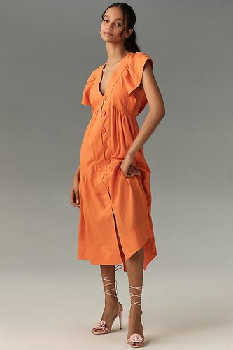 Flutter-Sleeve Linen Button-Front Midi Dress en Orange, taille: L - By Anthropologie - Modalova