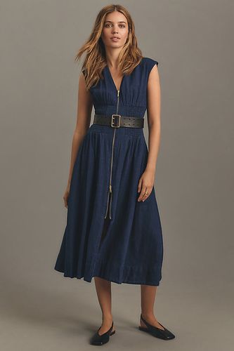 Robe chemise midi à mancherons, smocks et fermeture zippée Tommie par en Blue taille: 2XS - By Anthropologie - Modalova