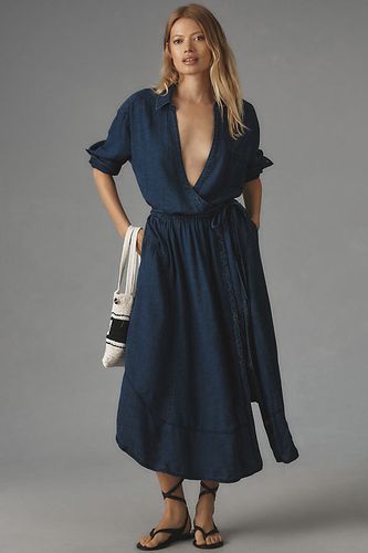 Robe Portefeuille Mi-Longue en Lin Col V en Blue taille: XS chez Anthropologie - Pilcro - Modalova